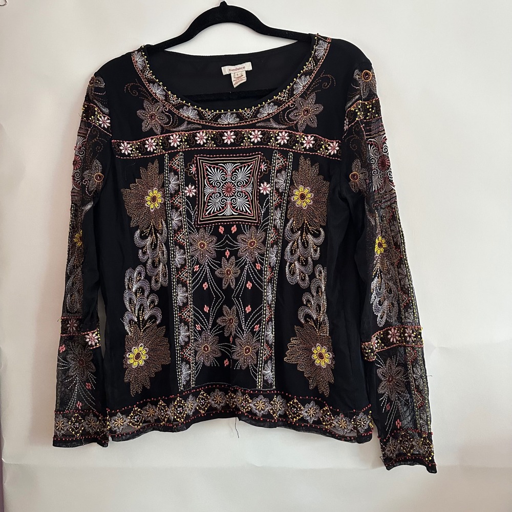 Sundance Embroidered Beaded Mesh Top Black Floral Long Sleeve Scoop Neck Large